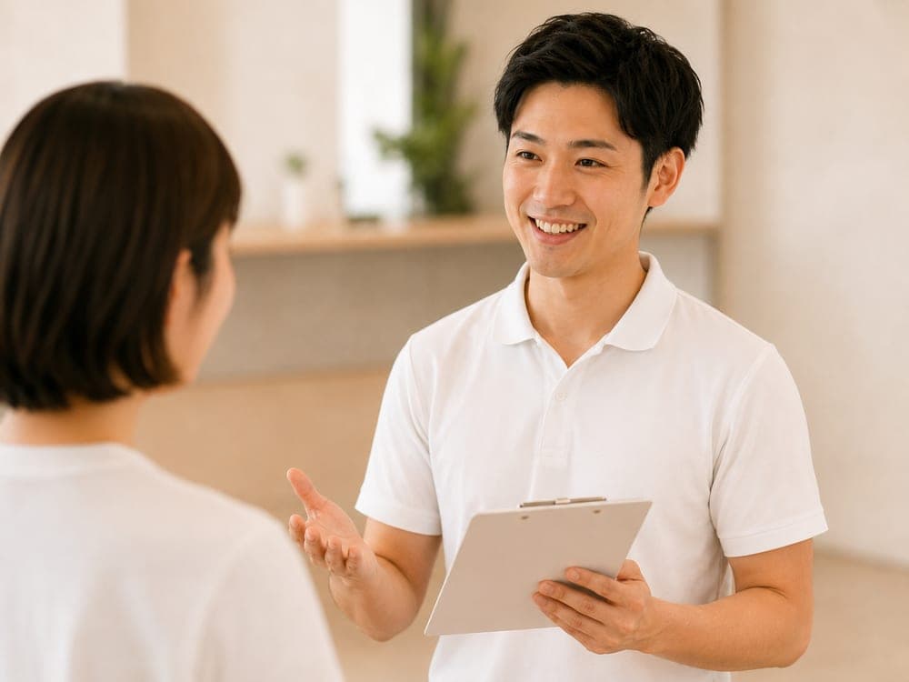 トレーナーが体調や運動経験を聞き取っている様子