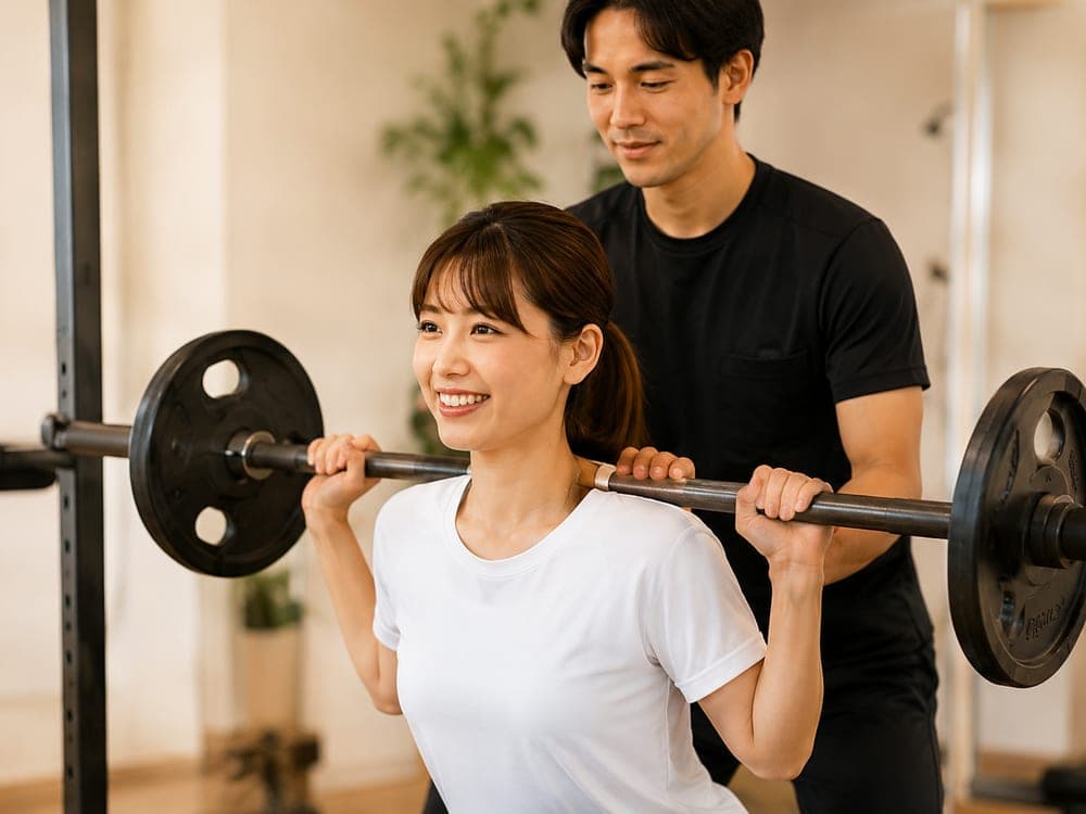 トレーナーがフォームを支えながらバーベルの動作を確認する様子
