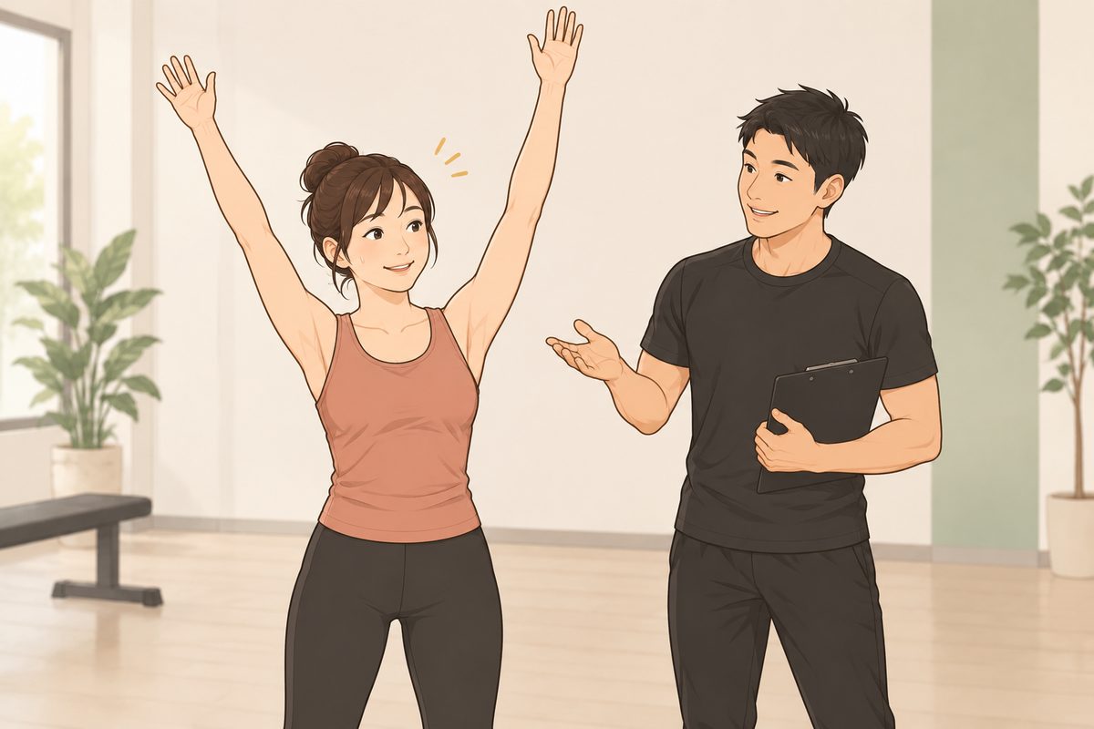 両腕を上げた会員の動きを、クリップボードを持ったトレーナーが横から確かめている場面のイラスト