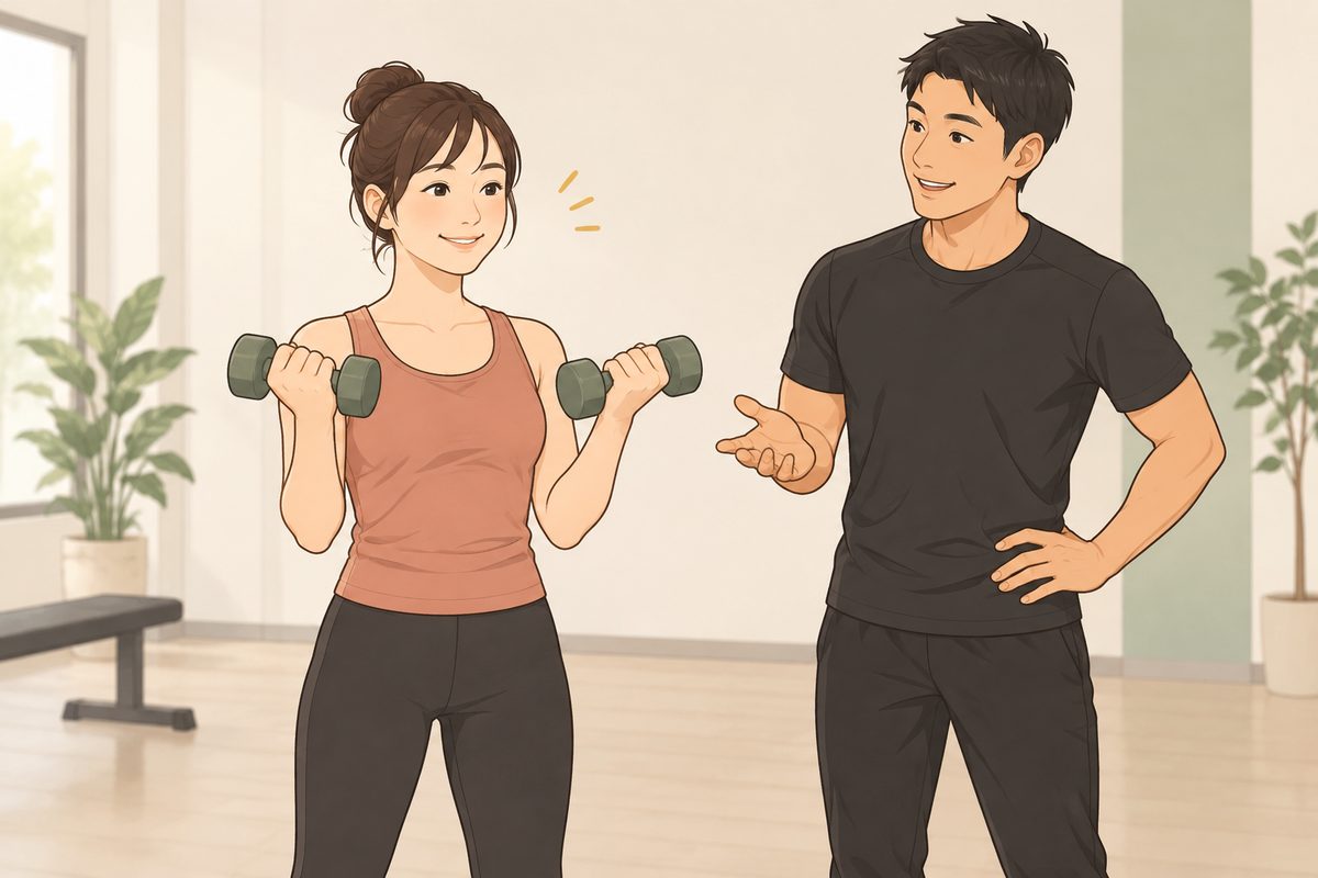 会員がダンベルでアームカールを行い、トレーナーが手ぶりで力の入れ方を伝えている場面のイラスト