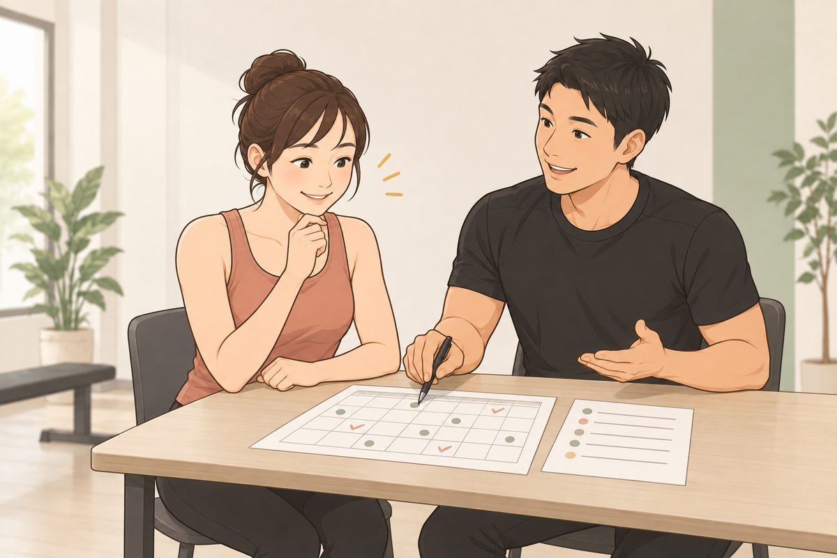 机に広げたカレンダーとメモを見ながら、会員とトレーナーが次の予定を相談している場面のイラスト
