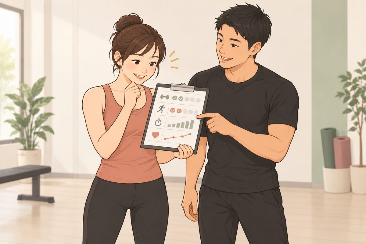 トレーナーがクリップボードの記録を指しながら、会員と一緒に内容を確認している場面のイラスト