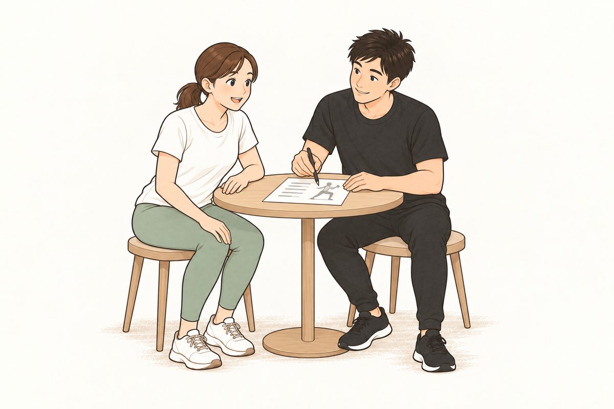 机をはさんで向かい合い、資料に書き込みながら1対1で話しているトレーナーと会員のイラスト