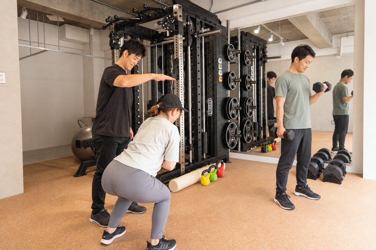 同じ時間に、女性はトレーナーの指導でスクワット、奥の男性はダンベルで別のメニューに取り組む様子
