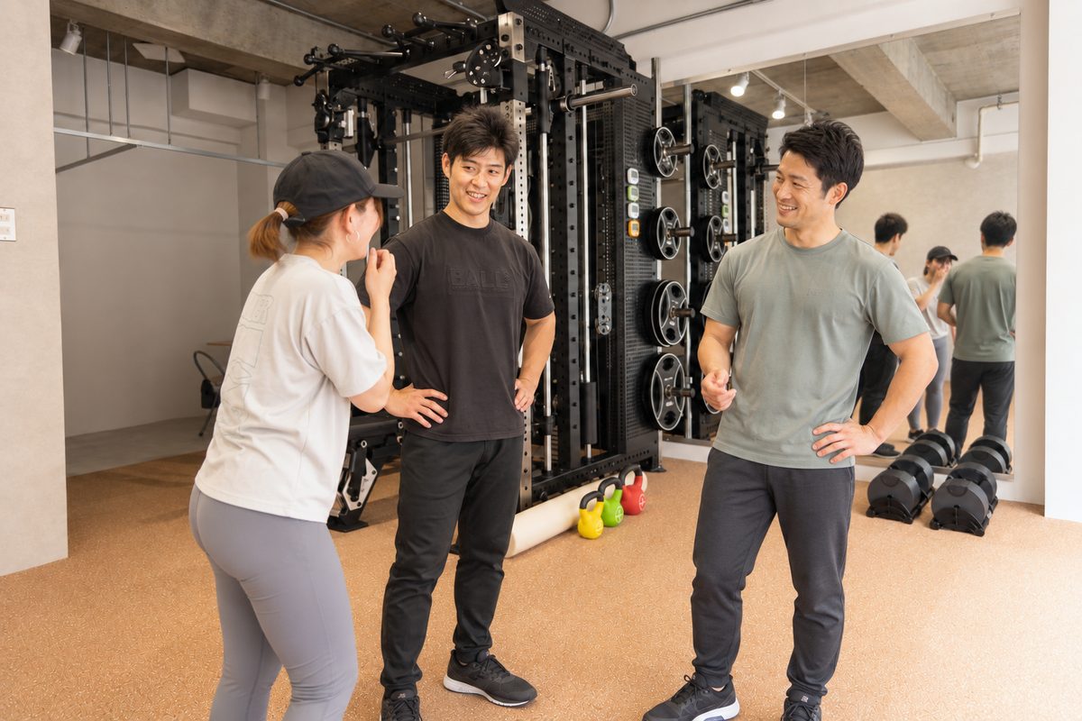 トレーニングの合間に、トレーナーと2人の会員が立ち話をしている様子
